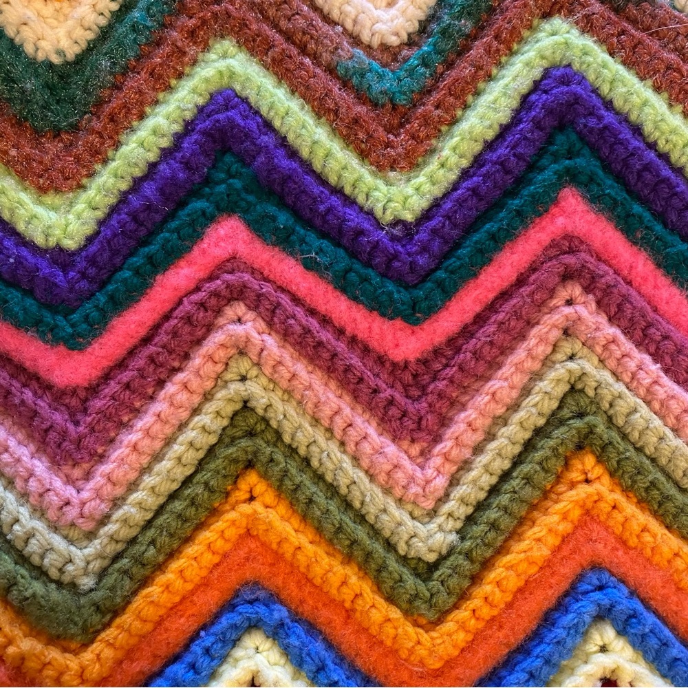 Handmade Knit Afghan Stripe Granny Throw Lap Blanket Rainbow Multicolor Chevron - Picture 7 of 7